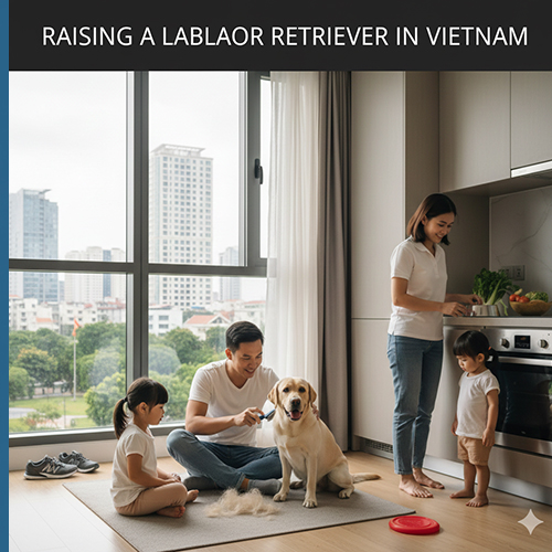 Ảnh gia đình Việt chăm sóc và chải lông cho chó Labrador trong căn hộ