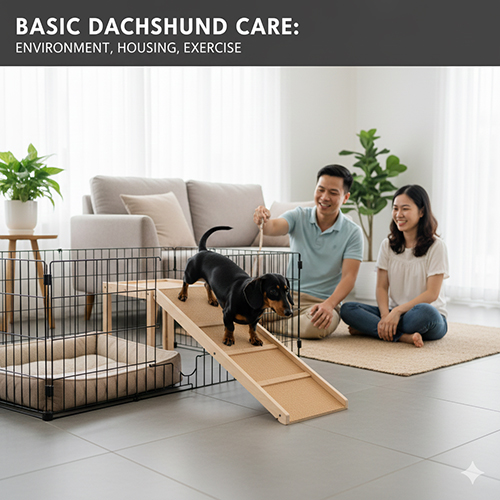 Cặp đôi đang chăm sóc chó Lạp Xưởng trong không gian nhà thoáng, có chuồng và dốc đi lại an toàn