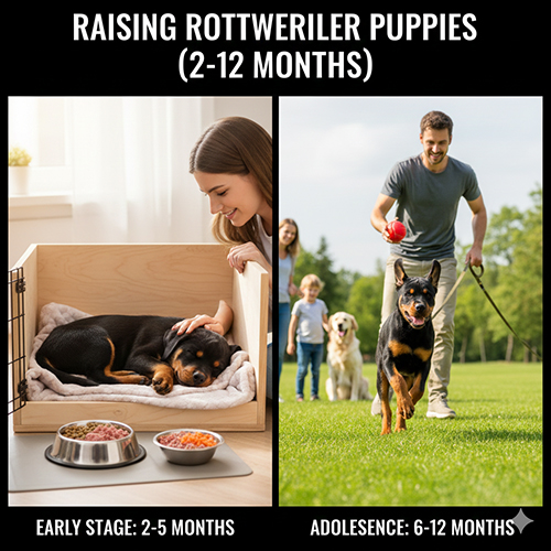 cách nuôi chó rottweiler con từ 2 đến 12 tháng với ăn uống, vận động và chăm sóc