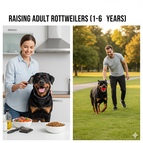 cách nuôi chó rottweiler trưởng thành từ 1 đến 6 năm với ăn uống, vận động và chăm sóc