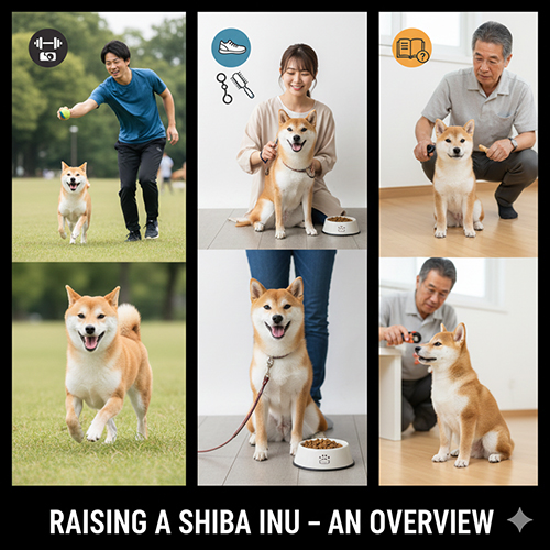Ảnh tổng hợp nhiều hoạt động chăm sóc chó Shiba Inu gồm vận động ăn uống huấn luyện và chăm sóc sức khỏe hằng ngày