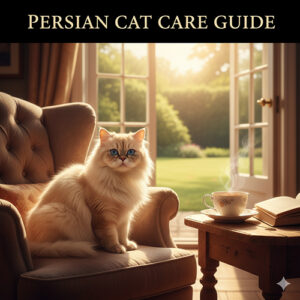 mèo Ba Tư ngồi trên ghế trong phòng khách sáng sớm, không gian ấm và yên bình