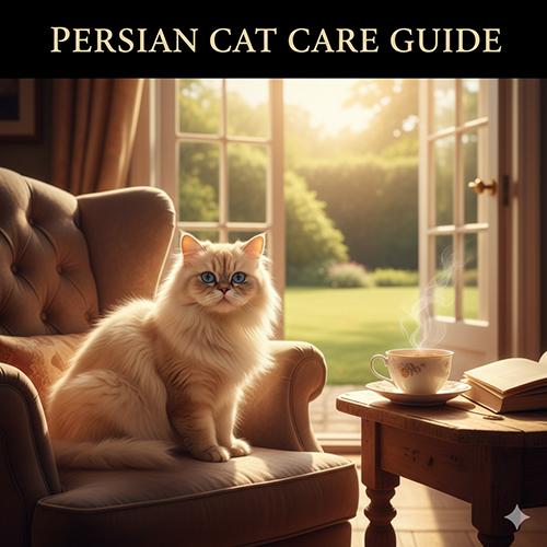 mèo Ba Tư ngồi trên ghế trong phòng khách sáng sớm, không gian ấm và yên bình