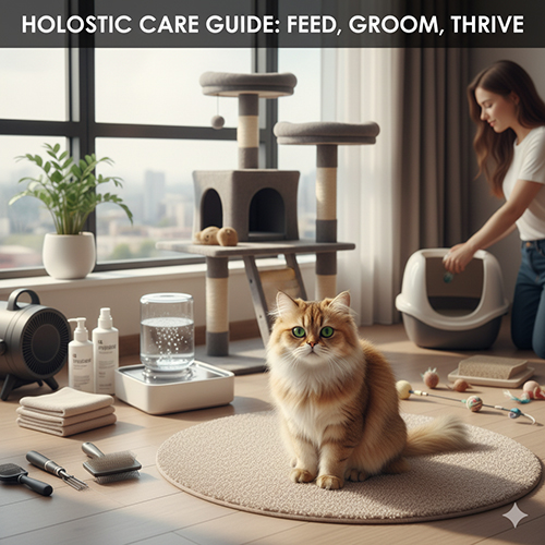 Mèo Ba Tư golden sitting trong phòng khách với bộ dụng cụ chăm sóc, khay cát và nhà cây – minh họa hướng dẫn nuôi thực chiến