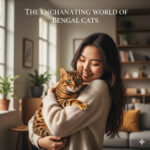 Cô gái ôm mèo Bengal trong phòng khách ấm cúng, ánh sáng dịu – thể hiện tình yêu và sự gắn bó với thú cưng.