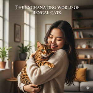 Cô gái ôm mèo Bengal trong phòng khách ấm cúng, ánh sáng dịu – thể hiện tình yêu và sự gắn bó với thú cưng.