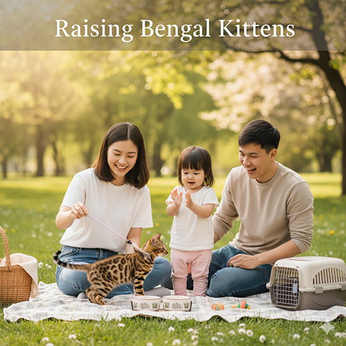 Gia đình nhỏ vui chơi với mèo Bengal con trên thảm picnic ngoài trời, minh họa cho giai đoạn chăm sóc mèo con.