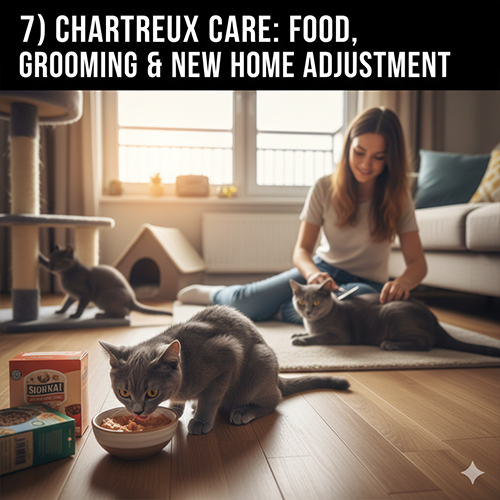 Co gai dang chai long cho meo Chartreux ben canh bat thuc an va tru cao mong