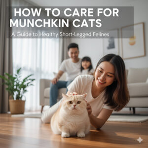 Gia đình vuốt ve một bé mèo Munchkin trong phòng khách sáng sủa; hình minh họa bài viết hướng dẫn cách nuôi và chăm sóc mèo chân ngắn khỏe mạnh.