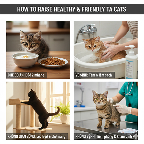 Hướng dẫn cách nuôi mèo ta khỏe mạnh gồm ăn uống, vệ sinh, không gian sống và phòng bệnh