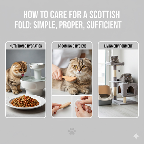 Ba khung hình minh họa chăm sóc mèo tai cụp: mèo ăn uống bên đài phun nước, mèo được chải lông, và mèo chơi trên cây leo trong nhà