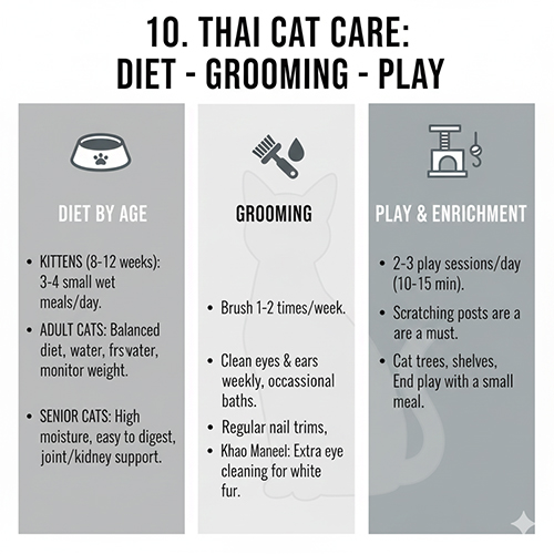 Hướng dẫn chăm sóc mèo Thái Lan về ăn uống chải lông và chơi đùa hằng ngày