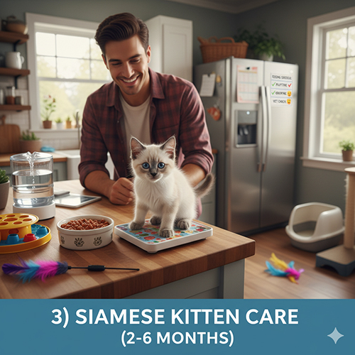 Cách nuôi mèo Xiêm con 2–6 tháng tuổi – chế độ ăn, lịch tiêm và cách chăm sóc vệ sinh