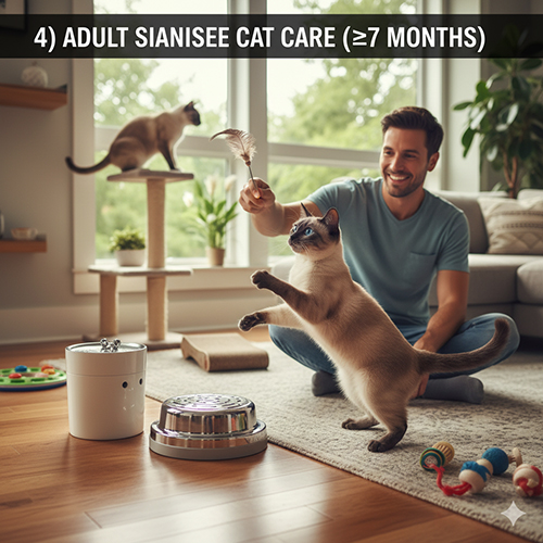 Cách nuôi mèo Xiêm trưởng thành từ 7 tháng tuổi – chế độ ăn, vận động và chăm sóc định kỳ