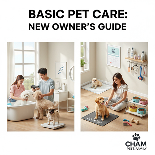 Gia đình trẻ chăm sóc và huấn luyện chó cảnh Golden và Poodle trong không gian sạch sẽ, đầy đủ dụng cụ