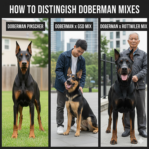 So sánh Doberman thuần, Doberman lai Becgie và Doberman lai Rottweiler qua ngoại hình thực tế – minh họa cách phân biệt khi đi xem chó.