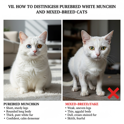 So sánh mèo Munchkin trắng thuần chủng với mèo trắng lai: bên trái là mèo chân ngắn dáng tròn khỏe, bên phải là mèo gầy, chân không đều và lông xỉn màu.