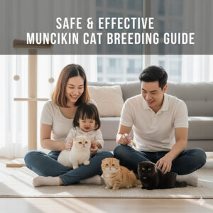 Gia đình ngồi trên sàn chơi với nhiều mèo Munchkin chân ngắn con trong phòng khách sáng, minh họa bài hướng dẫn phối giống an toàn và hiệu quả.