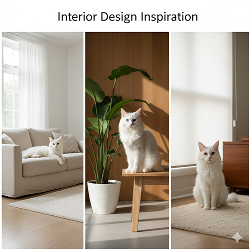 Ba phối cảnh nội thất với mèo Maine Coon trắng theo phong cách Scandi, Modern Natural và Japandi
