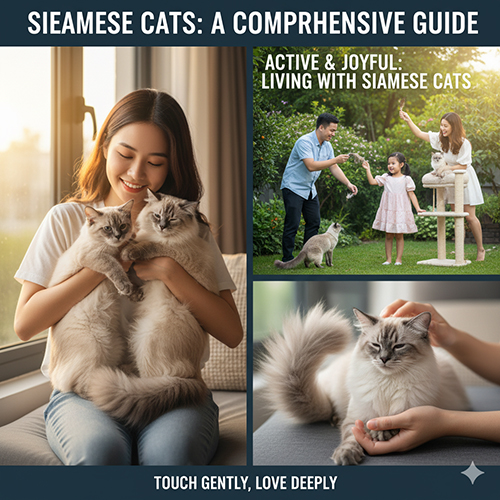 Cô gái ôm hai mèo Xiêm lông dài trong nhà và gia đình vui đùa cùng mèo Xiêm ngoài sân, thể hiện cuộc sống năng động và niềm vui khi nuôi mèo Xiêm