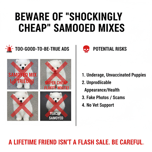 Cảnh báo rủi ro khi mua chó Samoyed lai giá quá rẻ, dễ gặp tình trạng chó bệnh, chưa tiêm phòng hoặc lừa đảo