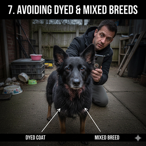 Chó lông đen bị nhuộm và có dấu hiệu lai đứng trước sân, người đàn ông phía sau đang kiểm tra bằng điện thoại