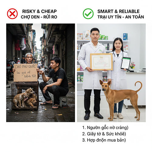 So sánh chó Phú Quốc giá rẻ chợ đen và chó Phú Quốc thuần trại uy tín để cảnh báo scam