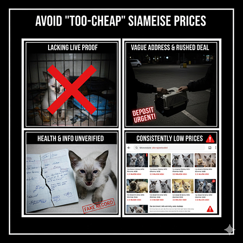 Bộ ảnh cảnh báo các dấu hiệu rủi ro khi gặp giá mèo Xiêm quá rẻ như không có video thật, hồ sơ mập mờ, ép cọc gấp