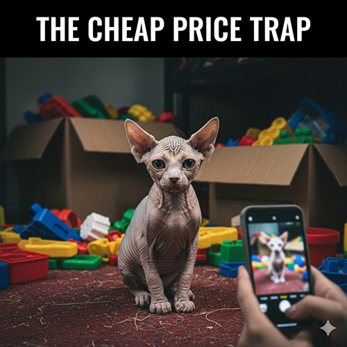 Ảnh mèo Không lông Sphynx ngồi giữa đồ chơi lộn xộn, phía trước có người đang chụp ảnh – minh họa cảnh báo bẫy giá rẻ