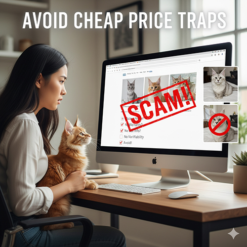 Người phụ nữ ôm mèo Maine Coon đang kiểm tra tin đăng giá rẻ trên máy tính với dấu cảnh báo scam