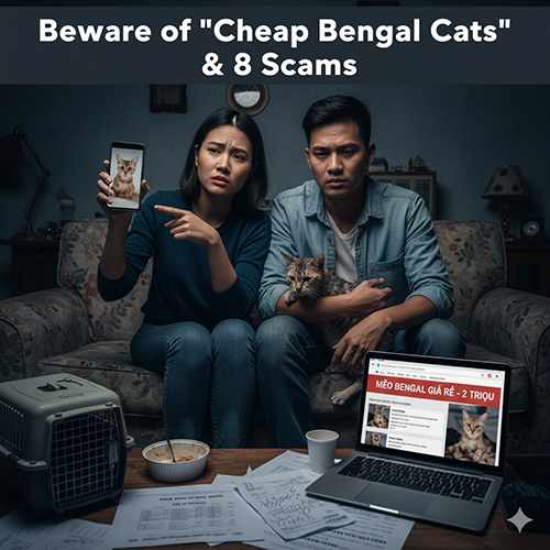 Cặp đôi lo lắng xem tin rao bán mèo Bengal giá rẻ trên laptop, tay cầm điện thoại hiển thị ảnh mèo khác với thực tế