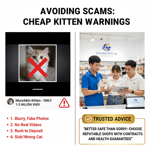 Cảnh báo lừa đảo “mèo Munchkin giá rẻ”: ảnh mờ, không video thật, hối cọc; so sánh với cửa hàng uy tín có hợp đồng và bảo hành.