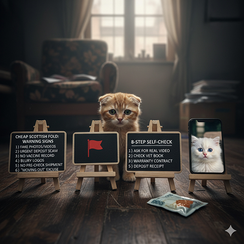Mèo tai cụp con ngồi giữa các bảng cảnh báo về dấu hiệu lừa đảo và hướng dẫn kiểm tra 8 bước khi mua mèo giá rẻ.