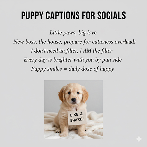 Ảnh chó con cầm bảng like share minh họa caption dễ thương khi đăng mạng xã hội