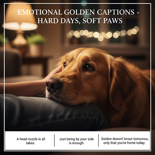 Hình chó Golden Retriever tựa đầu lên chân chủ trong không gian ấm, ánh đèn vàng dịu