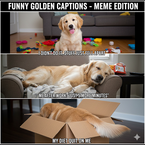 Hình chó Golden Retriever tạo meme: bày bừa đồ chơi, ngủ gật trên sofa và chui vào thùng carton
