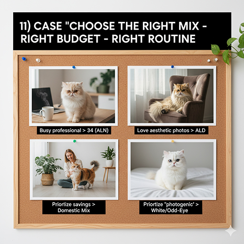 Bảng ghim với bốn hình minh họa các lựa chọn mèo Ba Tư lai theo nhu cầu: ALN, ALD, domestic và màu ăn ảnh