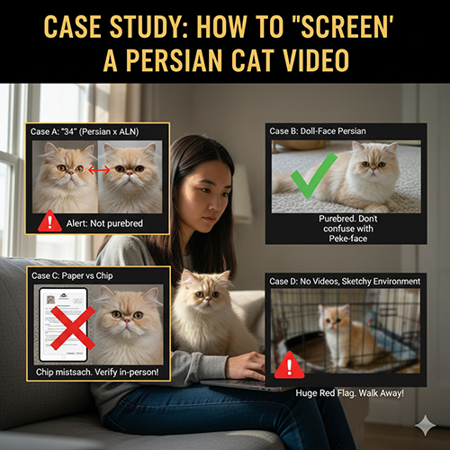 Bộ case study bốn tình huống soi video mèo Ba Tư: 34, doll-face thuần, giấy–chip không khớp và người bán né video.