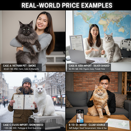 Ví dụ giá mèo Maine Coon thực tế theo bốn trường hợp: pet VN smoke, nhập châu Á silver shaded, nhập Âu Mỹ show/breed và lai nguồn rõ ràng