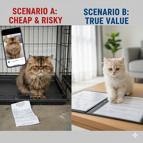 So sánh hai trường hợp mua mèo Ba Tư: giá rẻ rủi ro và đúng giá trị với video thật, sổ tiêm đầy đủ và bảo hành rõ ràng