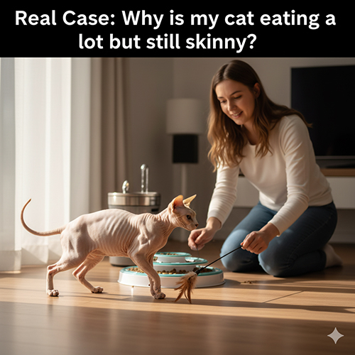 Mèo Sphynx chơi cùng chủ bên cạnh khay thức ăn, minh họa trường hợp ăn nhiều nhưng vẫn gầy.