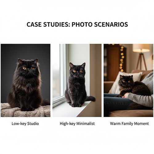 Ba kịch bản chụp mèo Ba Tư đen: low-key studio, high-key tối giản và khoảnh khắc gia đình ấm áp