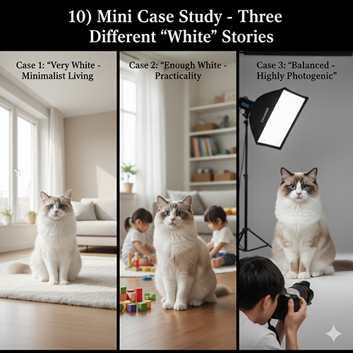 Ba mèo Ragdoll sáng màu trong ba bối cảnh khác nhau, minh họa ba câu chuyện “độ trắng” theo lối sống và nhu cầu.