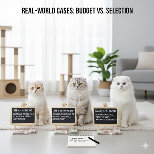 Ba mèo tai cụp Scottish Fold đại diện cho ba mức ngân sách khác nhau, ngồi cạnh bảng mô tả Case A, B, C về lựa chọn phù hợp theo giá.