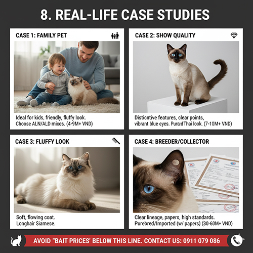 Các trường hợp thực tế khi mua mèo Xiêm – gợi ý chọn theo nhu cầu và ngân sách