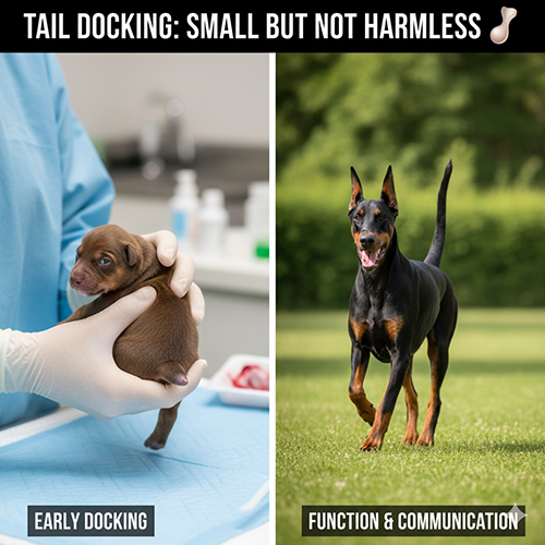 Anh minh hoa viec cat duoi Doberman tu giai doan so sinh den tac dong len chuc nang va giao tiep