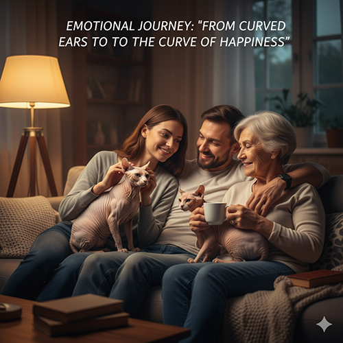 Gia đình ôm hai bé mèo không lông trên sofa buổi tối, minh họa hành trình cảm xúc với Elf và Levkoy.