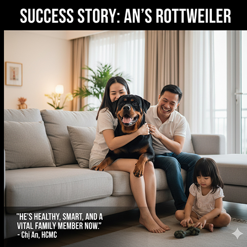 Câu chuyện người nuôi chó nhập khẩu thành công – gia đình chị An tại TP.HCM vui vẻ bên chú chó Rottweiler khỏe mạnh và thông minh