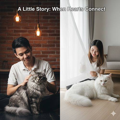 Hai người trẻ mỗi người bên một bé Maine Coon — một black smoke lai trong không gian gạch trần, một thuần màu trắng trong phòng sáng kiểu Japandi.
