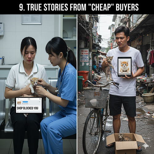 Hai cảnh: cô gái ôm mèo con yếu tại phòng khám thú y với thông báo “shop chặn liên lạc”; chàng trai đứng ở hẻm cầm khung ảnh quảng cáo trong khi mèo ốm nằm trong thùng carton.